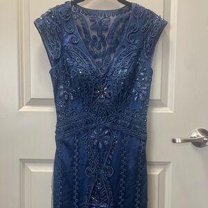 Sue Wong Midnight Blue Embroidered Midi Dress